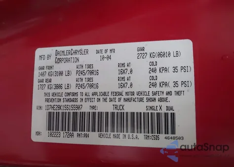 2005 Dodge Dakota St из США, поврежденный, VIN 1D7HE28K15S155907